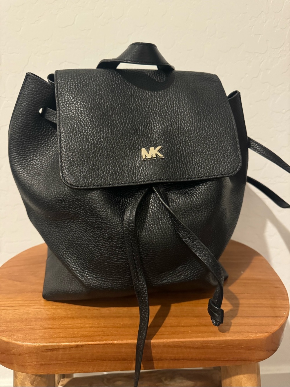 Michael Kors Black Pebbled Leather MK Logo Drawstring Backpack